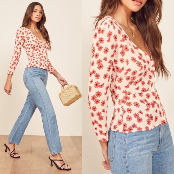 Reformation Tops - Reformation Red Cream Daisy Floral 3/4 Blouse